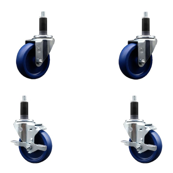 4'' Solid Poly Wheel Swivel 1-1/8'' Expanding Stem Caster Set 2 Brakes, 4PK